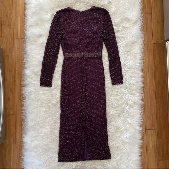 Mac Duggal Purple Plum Lattice Beaded Long Sleeve Modest Formal Midi Dress - Picture 10 of 16